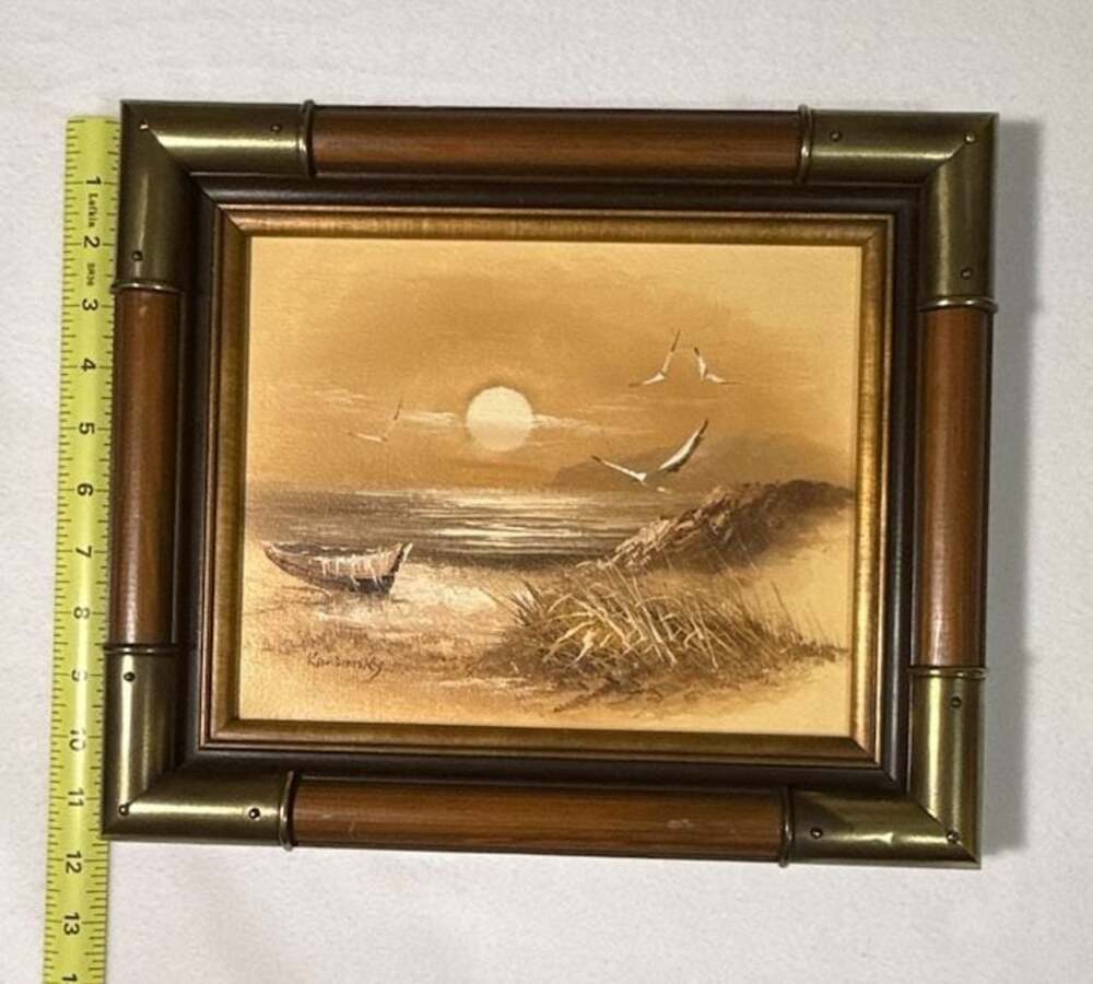 Vintage Coastal Seascape Oil Painting Signed Kardinsky in Brass-Accented Wood Fr